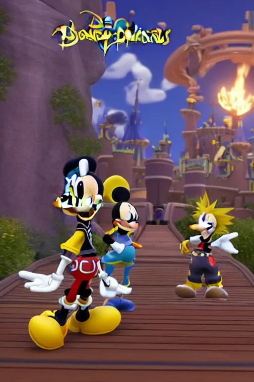 Image similar to screenshot of kingdom hearts 3, Disney and final fantasy crossover, donald duck and goofy npc characters, Kingdom hearts styled gameplay, unreal engine 4, kingdom hearts 3, kingdom hearts, cartoony lighting, disneyworld at kingdom hearts, Disney inspired setting with Sora and Donald in the scene, image of an action adventure rpg, magical fantasy l, artstationHD, stunning pixar graphics, rtx on, sharp focus, sors holding the kingdom key keyblade, detailed