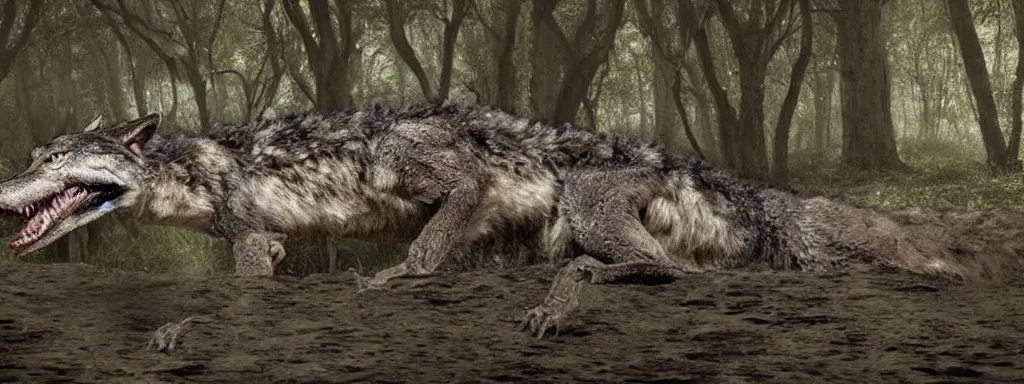 Image similar to chimera made of a wolf and a crocodile, photo of wolf, photo of crocodile, trending on deviantart, photo realism, realistic wood swamp, professional photoshop artwork utilizing professional photographs