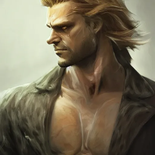 Image similar to portrait of a muscular, grim, ponytail haired blonde man in his late 30's, wearing a thick brown leather coat, looking to his side, hunter, DnD character, fantasy character, dramatic lighting, high detail, black and white digital art by Ruan Jia, Ilya Kuvshinov