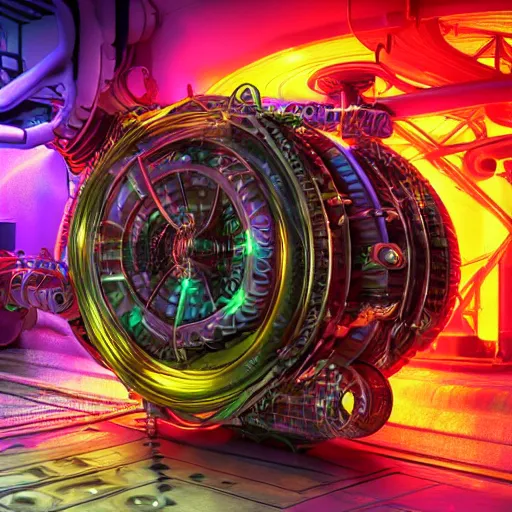 Image similar to album art, album name is tripmachine, photo of a huge futuristic steampunk motor inside a machinery, 8 k, fluorescent colors, halluzinogenic, multicolored, exaggerated detailed, front shot, 3 d render, octane