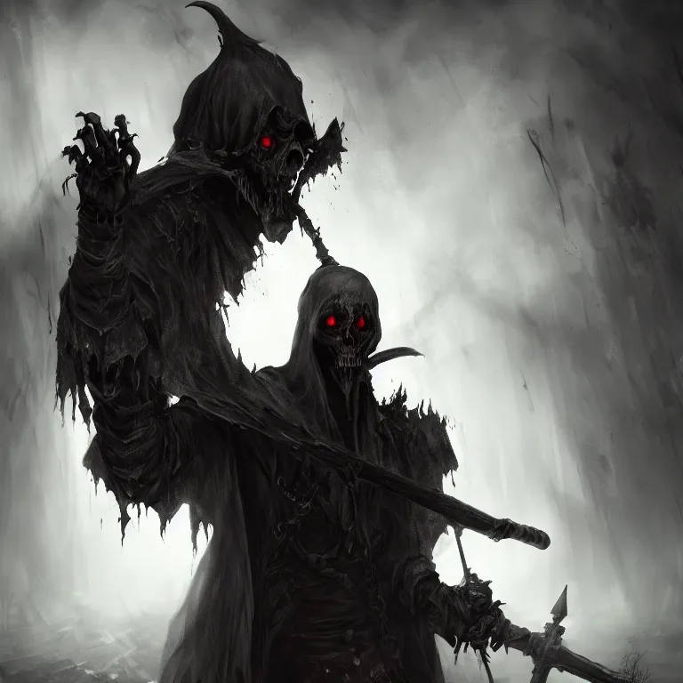 Image similar to grim reaper, demons of hell, haunted spooky foggy graveyard, headshot photo, character concept, dark souls concept art, Feng Zhu concept art, dramatic lighting, highly stylized, trending on artstation, high-quality wallpaper, desktopography