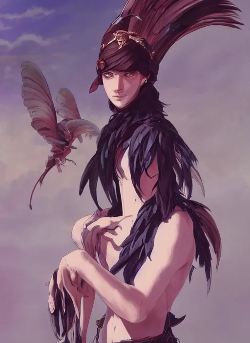 Image similar to concept art painting of an androgynous harpy person with black feathers, pirate clothes, detailed, realistic, cel shaded, in the style of makoto shinkai and james gurney and alphonse mucha and greg rutkowski and artgerm
