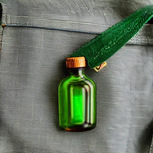 Prompt: green bottle inside a shoulder bag