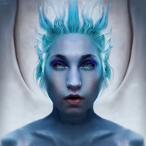 Image similar to The dragon girl portrait, portrait of young girl half dragon half human, dragon girl, dragon skin, dragon eyes, dragon crown, blue hair, long hair, highly detailed, cinematic lighting, Matte painting by David Lynch