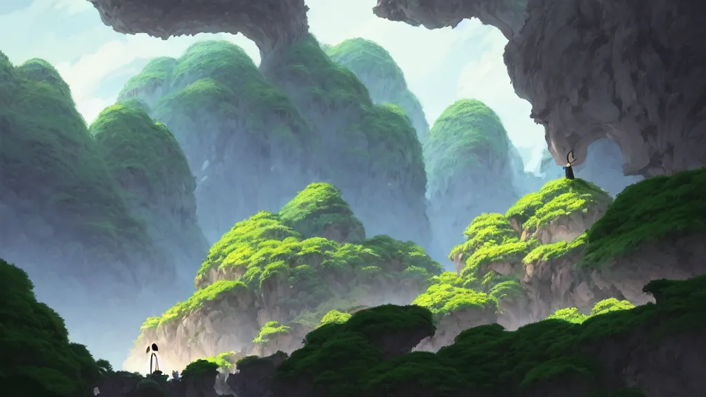 Image similar to side view cave landscape, studio ghibli, pixar and disney animation, sharp, rendered in unreal engine 5, highly detailed, digital painting, artstation, concept art, smooth, sharp focus, illustration, wide angle, artbook, wallpaper, splash art, hollow knight, promo art, dramatic lighting, art by artgerm and greg rutkowski and bo chen and jin xiaodi