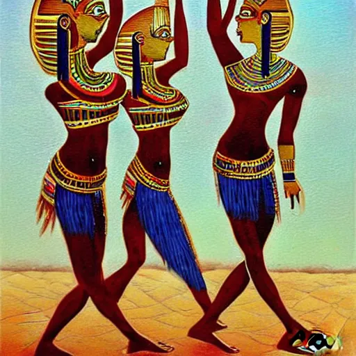 Image similar to hybrid mix of egyptian and tribal dance theme, art by jeff lyons, surrealism