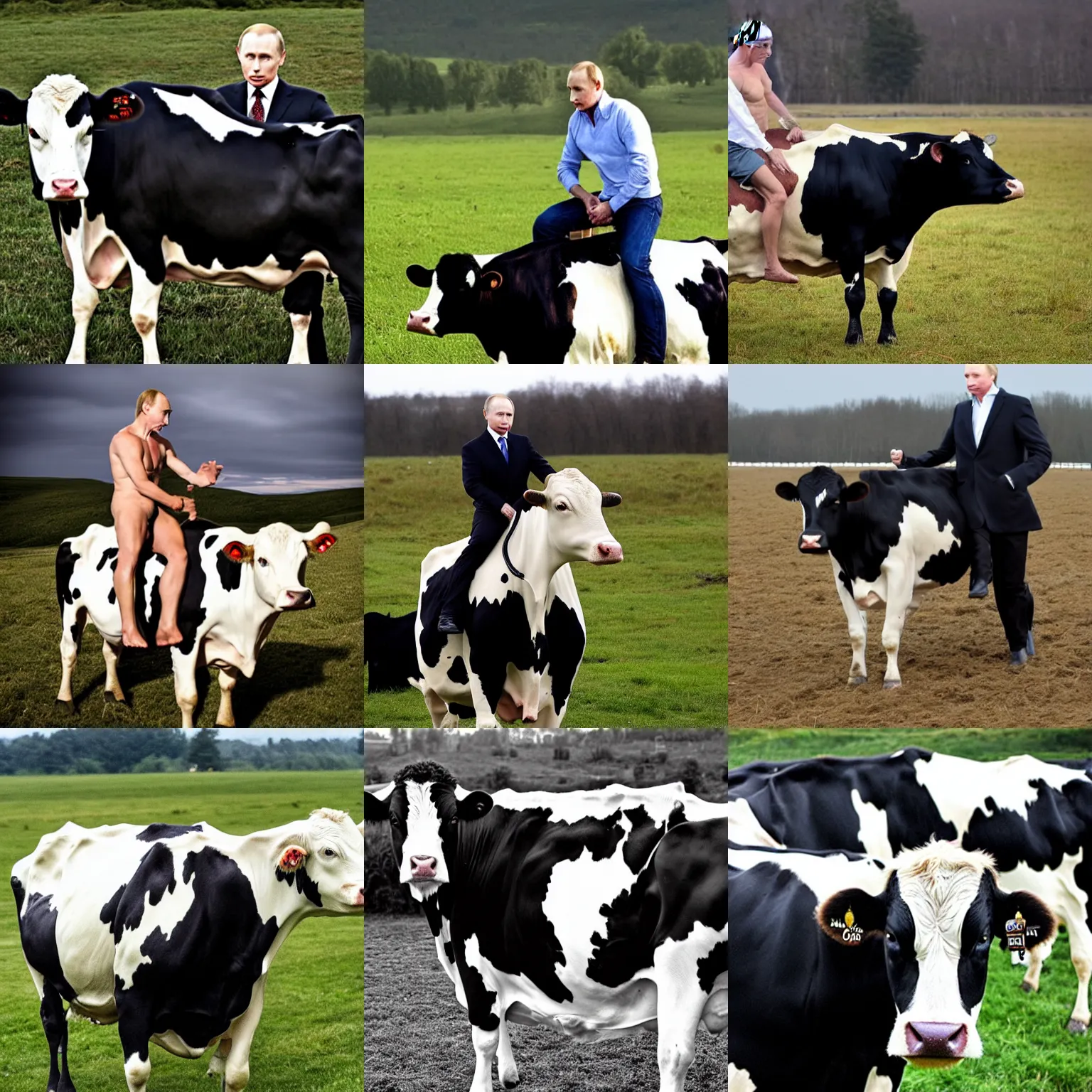 Prompt: dramatic photograph of bare chested putin riding a Holstein cow