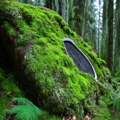 Prompt: enormous mossy, overgrown door on the side of a mountain opening. A gray, reflective, metallic liquid is pouring out into the forest valley beneath