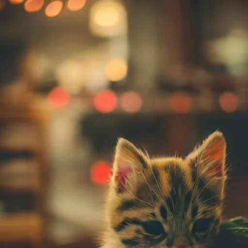 Image similar to puppy kitten inside a japanese thrift store, cinematic light, warm colours, atmospheric, bokeh, 8 k photography