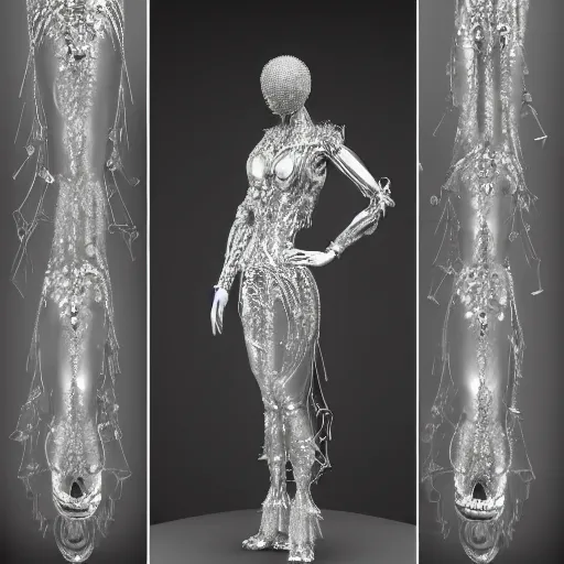 Image similar to full body detailed, ethereal chrome dress, biomechanical, covered in diamonds and other gems glowing, highly detailed face, elegant posed, intricate, extremy detailed, beeple, cgsociety, 3 d unreal engine octane render. cinematic lighting, highly detailed 4 k art