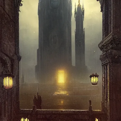 Image similar to an ultra detailed tarot card of a lonely and impossibly tall ominous gothic dark tower elevated high above the city, in a river elevated high above the city, fantasy capital city, ultrawide lense, aerial photography, volumetric lighting, exquisite detail, 8 k, art by greg rutkowski and alphonse mucha