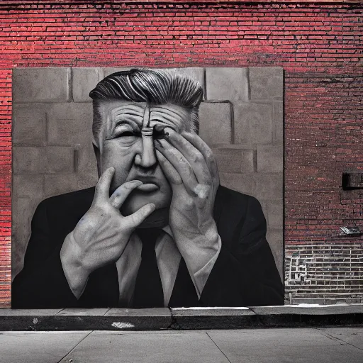 Image similar to Emotional pictures of David Lynch sprayed on New York street brick walls in the style of WEEGEE , 8k, photorealistic imagery, trending on artstation, artstationHQ, artstationHD