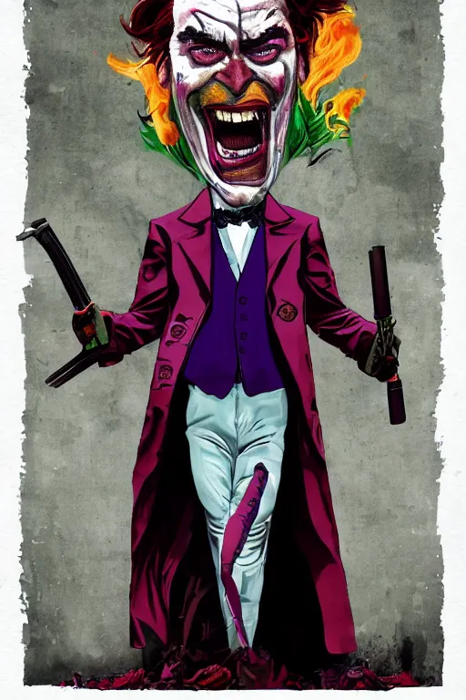 Image similar to joaquin phoenix joker issues 1, sadness, city flame, red flower, copyright by dc, comic book cover, justify content center, delete duplicate content!, violet polsangi pop art, gta chinatown wars art style, bioshock infinite art style, incrinate, realistic anatomy, hyperrealistic, 2 color, white frame, content balance proportion