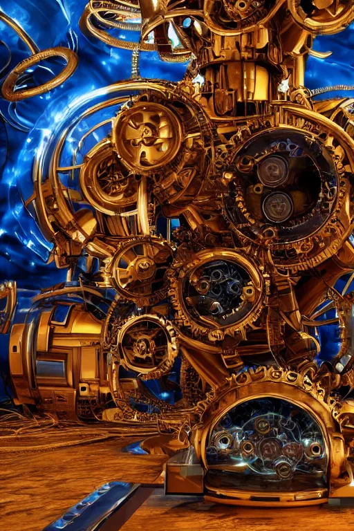 Image similar to portrait photo of a broken giant huge golden and blue metal broken steampunk robot with big gears and tubes all over the floor, eyes are glowing red lightbulbs, shiny crisp finish, 3 d render, 8 k, insaneley detailed, fluorescent colors, background is multicolored lasershow