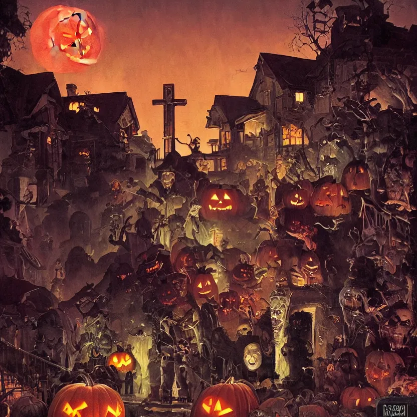 Image similar to halloween scene in a suburban neighborhood, surrounded by ancient monoliths with glowing runes. highly detailed science fiction painting by norman rockwell, frank frazetta, and syd mead. rich colors, high contrast, gloomy atmosphere, dark background. trending on artstation