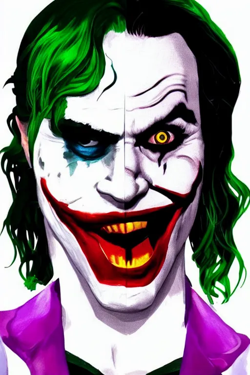 Prompt: joaquin phoenix as joker and lady gaga as harley quinn, remove duplicate content!!!!, violet polsangi pop art, gta chinatown wars art style, bioshock infinite art style, incrinate, realistic anatomy, hyperrealistic, two colors, white frame, content balance proportion