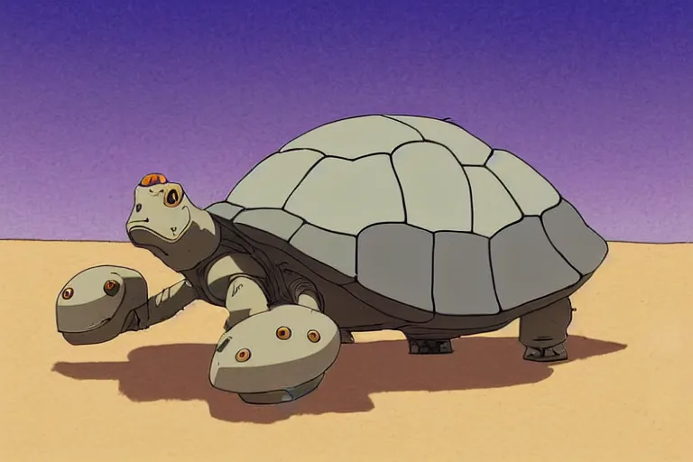 Image similar to a study of cell shaded cartoon of a grey mechanized tortoise from howl's moving castle ( 2 0 0 4 ) on a desert road, full body, wide shot, very muted colors, post grunge, studio ghibli, laurie greasley, highly detailed, deviantart, art by artgem