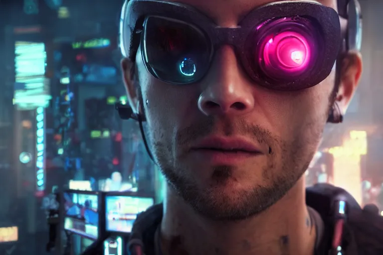 Image similar to video game movie of a cyberpunk hacker closeup portrait in high tech compound by Emmanuel Lubezki