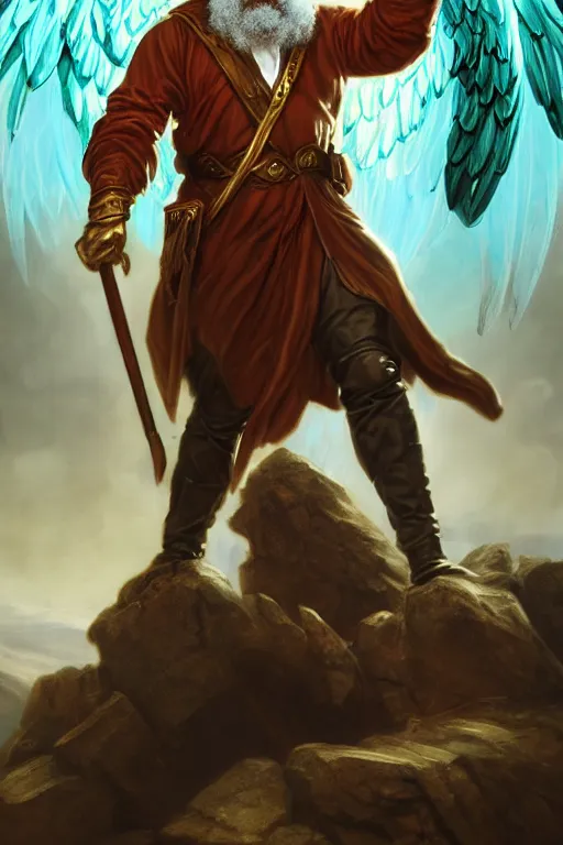 Image similar to character portrait karl marx as an aasimar angel buff wild magic barbarian with a third eye on the forehead and body warpaint, dungeons and dragons cover artwork, dynamic composition, dramatic lighting, trending on artstation, award winning art, stylized painting by sophie anderson, leonardo da vinci and raphael, concept art, 4 k, 8 k, gold and teal color scheme