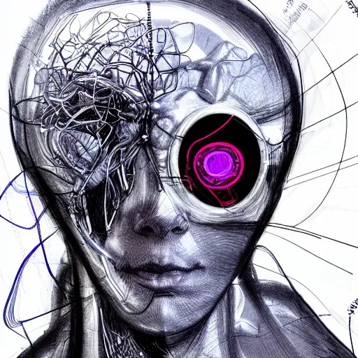 Prompt: a ballpoint pen sketch of a digital brain encased in machinery being removed from a patients head as they lay on a cyberpunk operating table. futuristic, ghost in the shell style!! highly detailed rendering