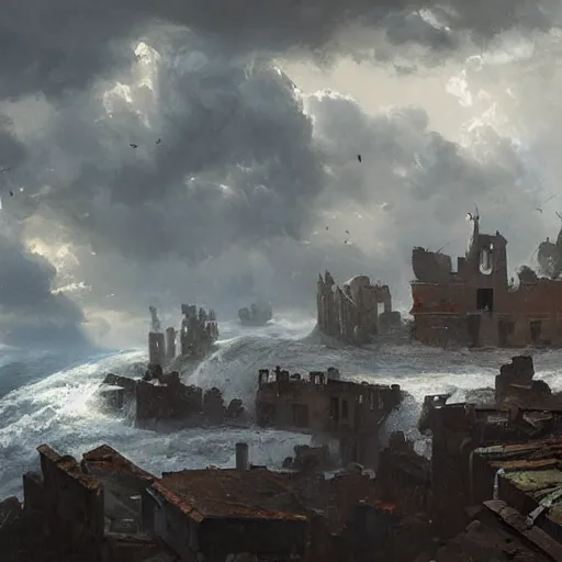 Prompt: Panorama view at a hurricane throwing ruined pieces from a castle around, oil painting, by Greg Rutkowski