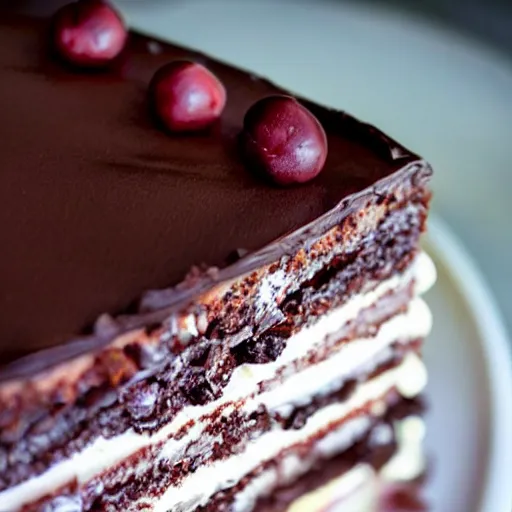 Image similar to the most delicious slice of black forest cake, close up food photography, trending on pintrest