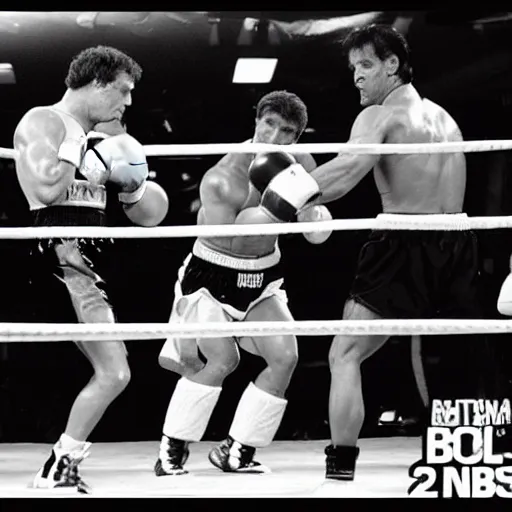 Image similar to 9 0 s tv footage of arnold schwarzenegger vs sylvester stallone charity boxing match