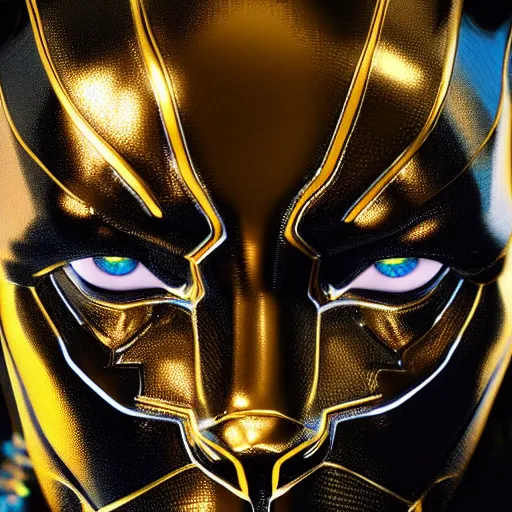 Image similar to a close up photo of a detailed golden statue of Black Panther, 8K,