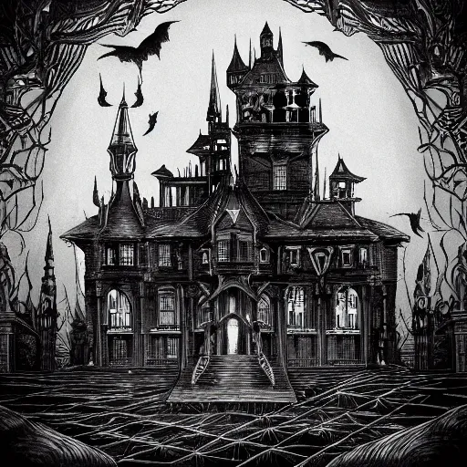 Image similar to black and white art deco style ink drawing of detailed the huge haunted house on the edge of a hill , highly detailed, fantasy art, in the style of greg rutkowski, epic, fantasy, intricate, hyper detailed, artstation, concept art, smooth, sharp focus, ray tracing