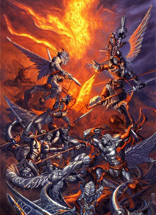Prompt: dynamic bibilical depiction battle scene of aggressive winged silver warriors with fire crowns, d & d, muscular! crossfit, fitness, tight wrinkled cloath, vivid color scheme, atmospheric perspective, fantasy, intricate, elegant, highly detailed, digital painting, smooth, sharp focus, art by ed emshwiller and jesper ejsing