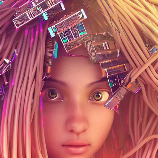 Image similar to piles of modular synth cables mixed with mangrove roots, kawaii puerto rican goddess staring through your soul wearing a headpiece made of circuit boards, by makoto shinkai, masamune, and stanley kubrick, unique perspective, eastman color, trending on artstation, cinematic, 3 d render, photorealistic