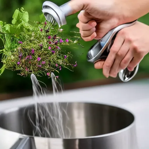 Prompt: a hand held kitchen mixer mixing plants, trees, and flowers forming a tornado in a large bowl