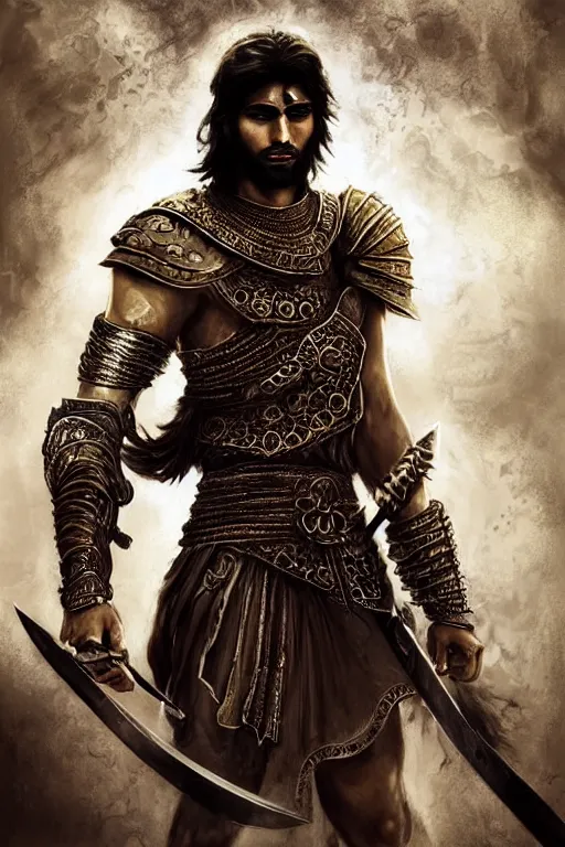 Prompt: portrait of a Persian Prince fighting at war, warrior, brutal battle, handsome prince of persia, attractive young man, heroic pose, persian style architecture, dramatic lighting, dark and horror, action and tragedy, dust and blood, intricate, wild, highly detailed, digital painting, artstation, concept art, smooth, sharp focus, illustration, art by artgerm and greg rutkowski and alphonse mucha, footage from space camera