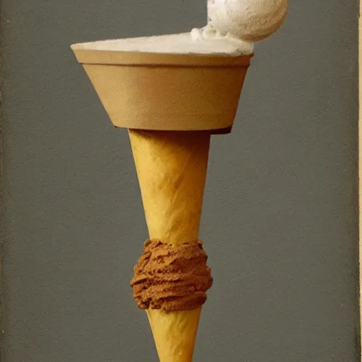 Prompt: a detailed daguerrotype of a levitating ice cream cone made of death