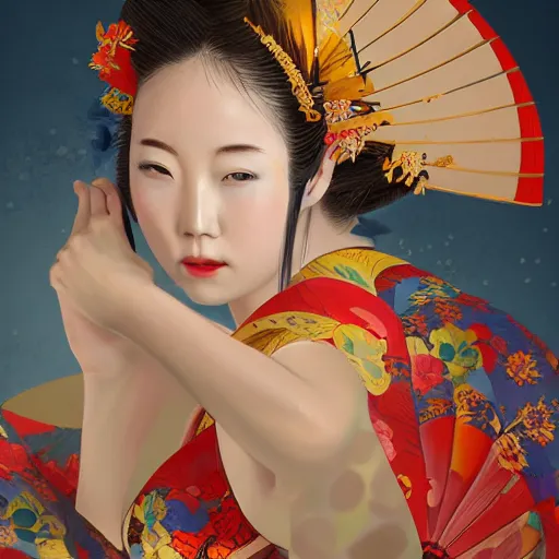 Prompt: Very very very very highly detailed epic central composition studio photography of A Japanese geisha in a colorful bikini, intricate, medieval, extremely detailed, digital painting, artstation, concept art, smooth, sharp focus, illustration, studio lighting, incredible art by Anna Dittmann and Anton Pieck