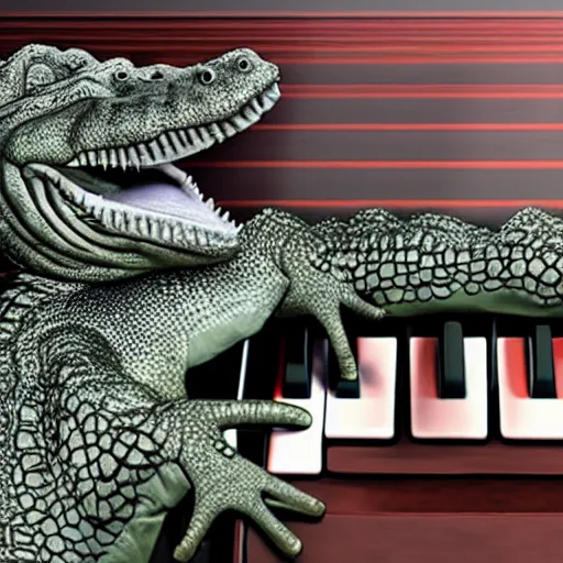 Prompt: A crocodile with piano keys instead of teeth