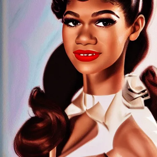 Prompt: Zendaya as a 50s pin-up girl centrefold