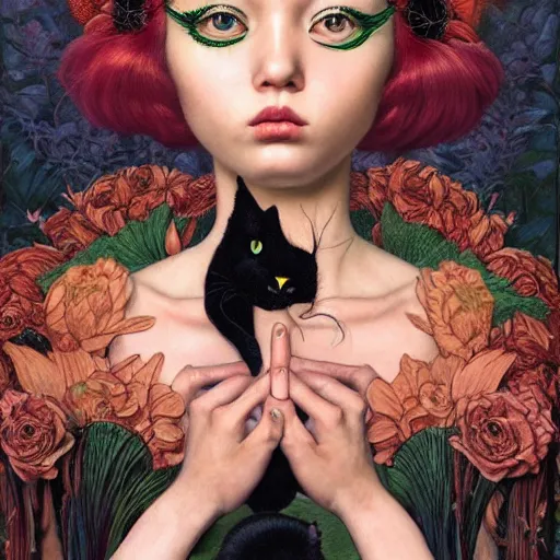 Image similar to black cat girl, botanical, portrait face, colorful, kupka, intricate, miles johnston, kuroda seiki, cynical realism, ozabu, john william godward, painterly, yoshitaka amano, moebius, miles johnston, louise zhang, james jean, mark ryden lowbrow pop surrealism art style