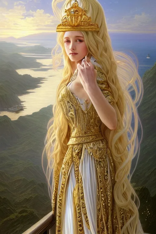 Prompt: portrait of a humanoid princess with long blonde hair, standing next to a beautiful view, ornate white officers outfit with gold embellishments, face enhance, intricate, elegant, highly detailed, digital painting, artstation, concept art, smooth, sharp focus, illustration, art by artgerm and greg rutkowski and alphonse mucha, 8 k