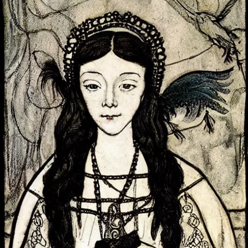 Image similar to Anne Boleyn half-bird half-woman, style of Arthur Rackham, detailed