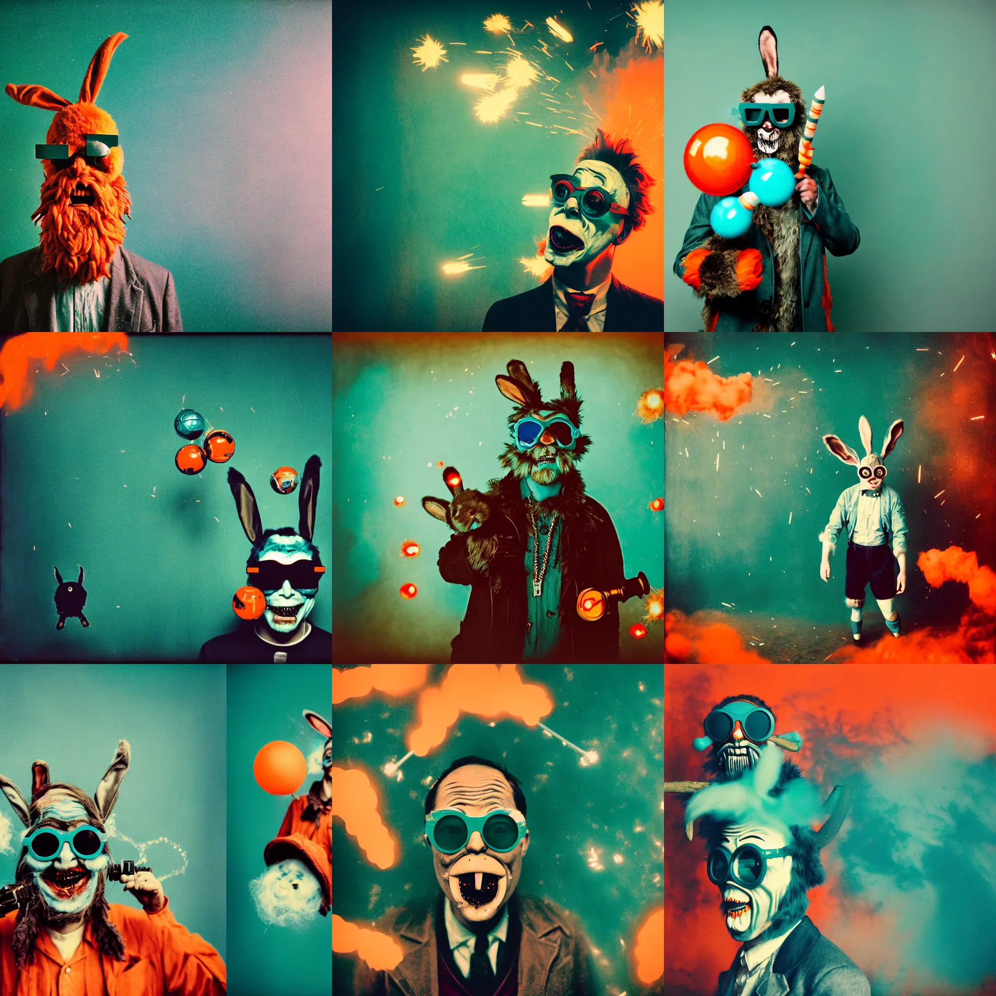 Prompt: kodak portra 4 0 0, wetplate, teal and orange colours, explosions, rockets, funny sunglasses, krampus, bunny head, the walking dead, 1 9 2 0 s style, motion blur, portrait photo of a backdrop, bombs, sparkling, fog, by georges melies and by britt marling