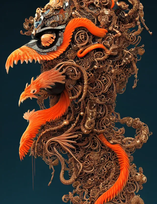 Image similar to 3 d goddess close - up profile portrait biomechanics with ram skull. beautiful intricately detailed japanese crow kitsune mask and clasical japanese kimono. betta fish, jellyfish phoenix, bio luminescent, plasma, ice, water, wind, creature, artwork by tooth wu and wlop and beeple and greg rutkowski. gold black teal and orange color scheme