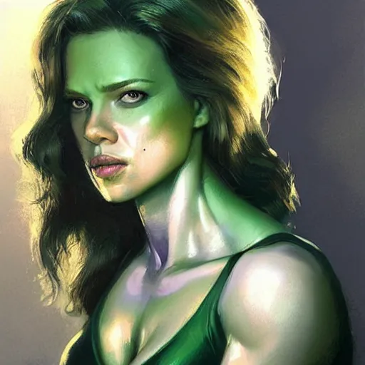 Image similar to she hulk, played by scarlett johannson, beautiful, cinematic, head and shoulders, striking pose, by greg rutkowski