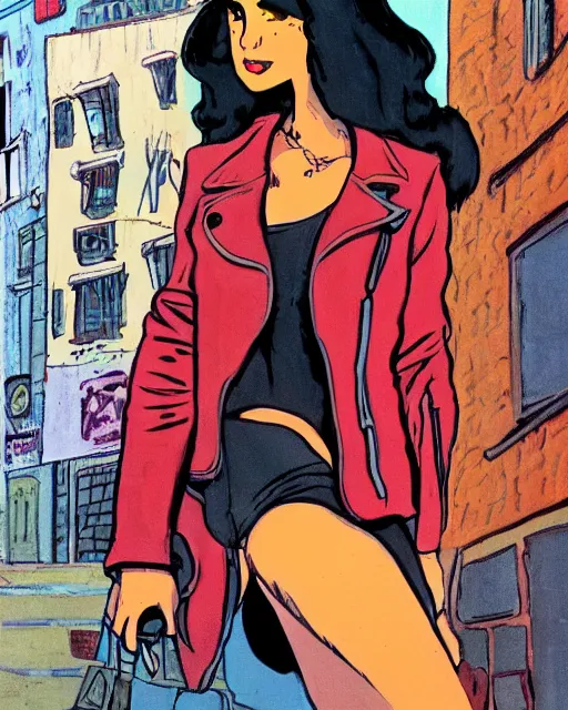 Image similar to young female protagonist in leather jacket, city street, artwork by ralph bakshi