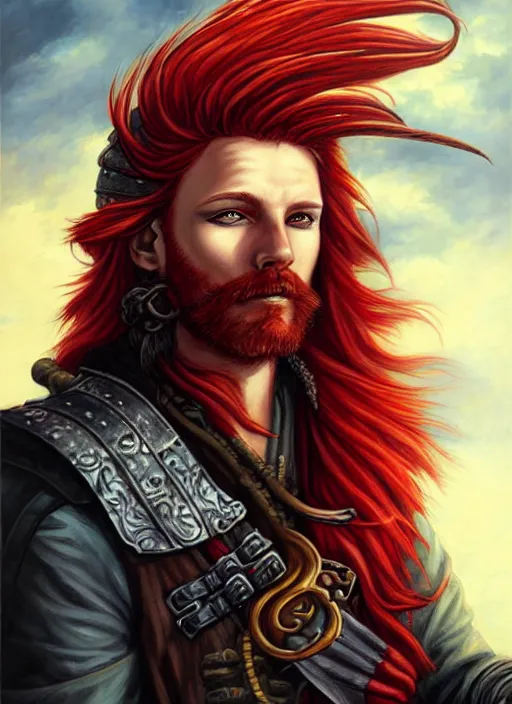 Image similar to an epic fantasy comic book style portrait painting of a long haired, red headed male sky - pirate in front of an airship in the style of eve ventrue