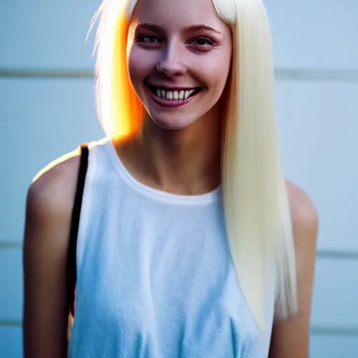 Prompt: beautiful portrait of a cute thin young woman smiling smugly, long light platinum blonde hair, flushed face, blue eyes, golden hour, 8 k, portra 4 0 0