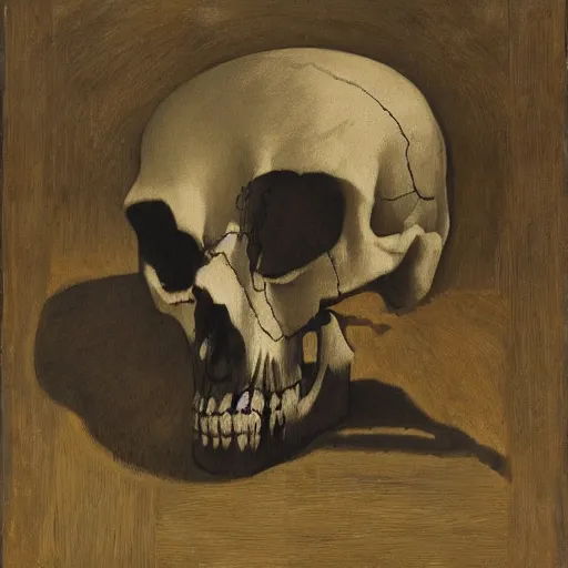 Prompt: ''death looking at skull, wearing a black robe''