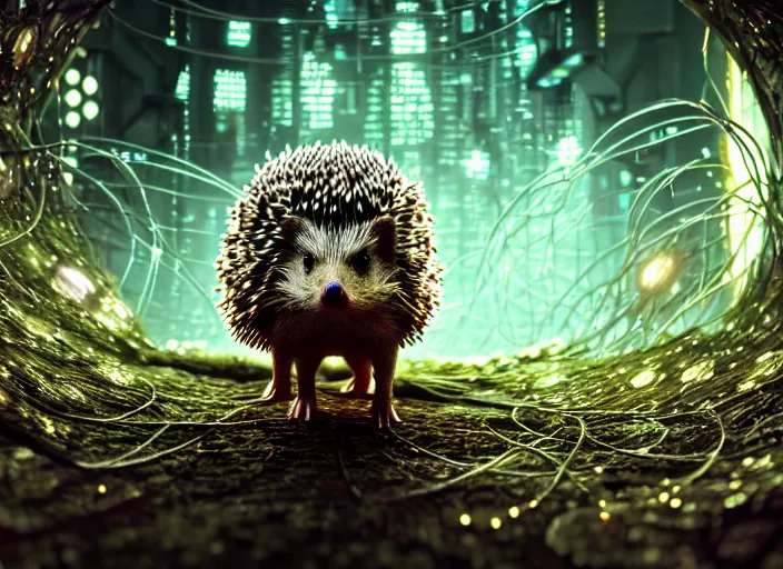 Prompt: intricate hedgehog with optic fibers instead of needles, on the background of a weird magical mechanical forest. Very detailed 8k. Fantasy cyberpunk horror. Sharp. Cinematic post-processing. Unreal engine. Nanite. Ray tracing. Parallax. Tessellation