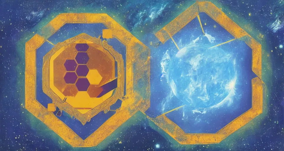 Image similar to hexagonal shield in space, blocking the sun, earth in the foreground, art deco painting