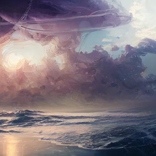 Prompt: spaghetti ocean, intricate painting by ross tran, magali villeneuve, and jeremy mann.